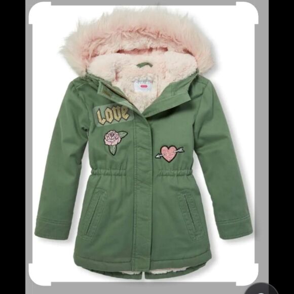 Place Girls Green Fur Lined 2 Pocket Long Jacket Sz L 10/12 - Picture 2 of 6